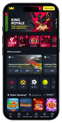 Ekran aplikacji mobilnej Slotoking z ofertami gier i zakładów sportowych, z przyciskami Zaloguj się i Rejestracja u góry ekranu